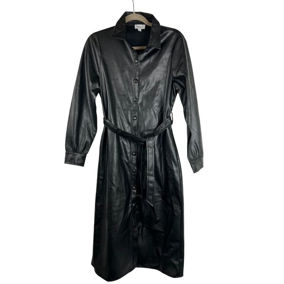 Evereve Small Womens Black Vegan Faux Leather Button Up Midi Dress Trench - Picture 8 of 16